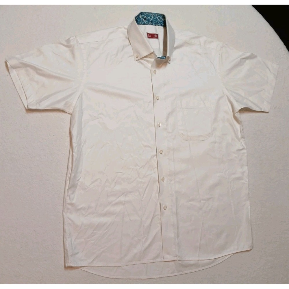 Tom James RC Custom Men XL White Short Sleeve Dress Shirt Floral Contrast Collar